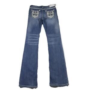 Affliction Jade Flared Blue Jeans 28 Distressed Outback Wash Embroider Pockets